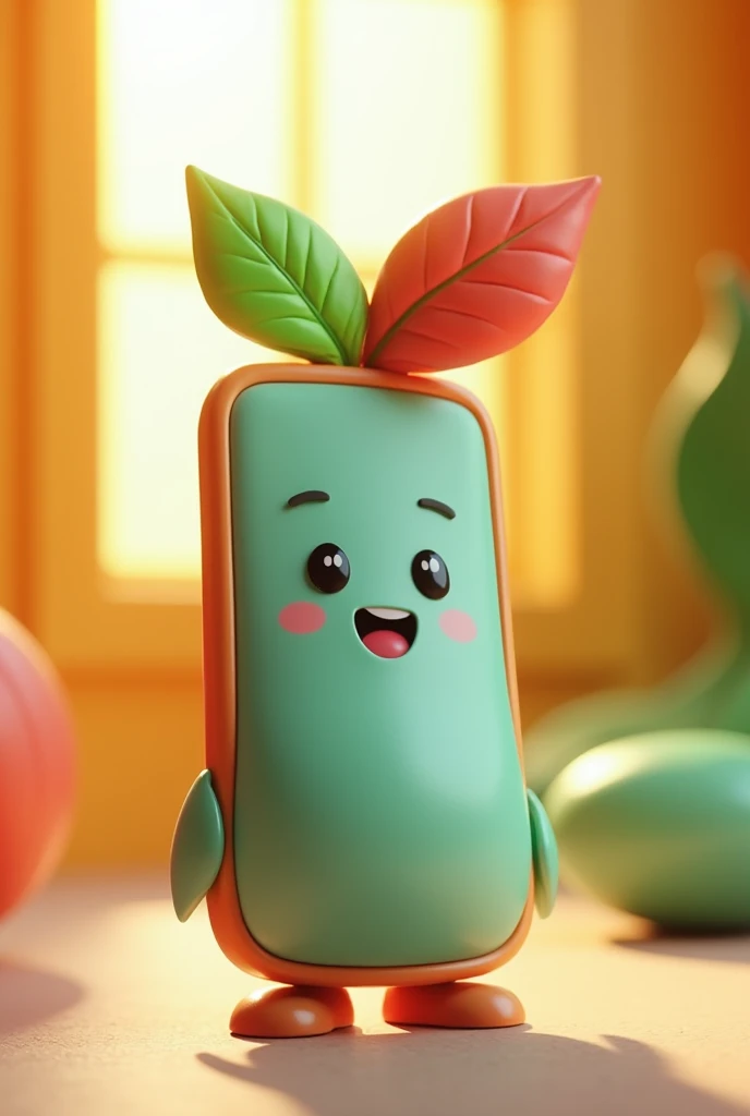  A happy cellphone-shaped character with two light and dark green leaves, one small and one large on the top of his head in the Disney Pixar 3D style, with gradient colors between green and red 





