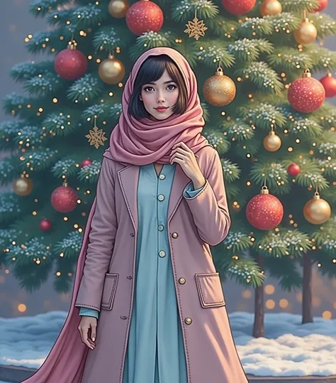 Arab woman in pink coat and scarf standing in front of a Christmas tree,  Ma Yuanyu ,  Instagram ,  what is it ？, Chiho, Yoshitomo Nara, sakimichan, Chiho ashima, 8k)), Teshirogi Shiori , 🚿🗝📝