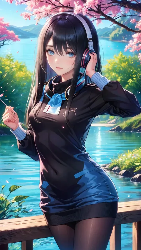  1 girl wearing a long-sleeved sweater to cover her uniform  .  she also wears black tights and wears headphones around her neck. In most cases,  she has bangs partially covering her eyes , small breasts,  blue eyes, Black hair with red lines of hair ,  by...