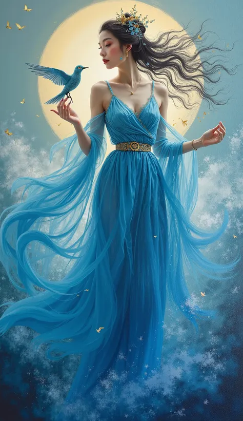 painting of a woman in a blue dress holding a bird, an oil on canvas painting inspired by Chen Yifei, deviantart contest winner, metaphysical painting, asian female water elemental, queen of the sea mu yanling, goddess of the sea, scylla and charybdis, god...