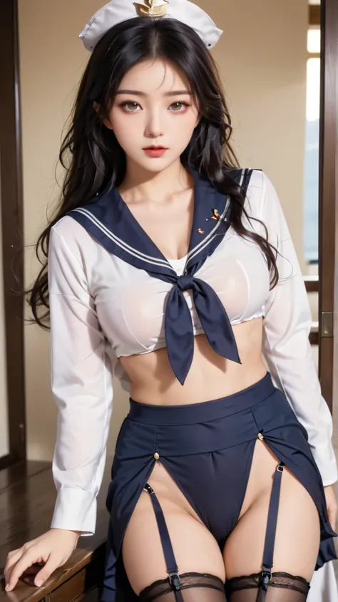 classroom, ((( sailor suit)))、 girl,  The Eyes That Seduce Viewers, Shine, Shine, masterpiece, The sweet taste of temptation, nice, masterpiece,  best quality,  Shadow, S-Core_9, S-Core_8_up, S-Core_7_up、(gigantic breast:1.1)、 black hair、 standing 、(Big Ey...