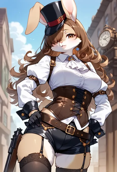 score_9, score_8_up, score_7_up, score_6_up, score_5_up, score_4_up, source_anime, best quality, amazing quality, very aesthetic, absurdres, 1girl, (furry, kemono:1.3), rabbit, rabbit girl, rabbit ears, Steampunk, clock, brown hair, hands on own hips, curl...