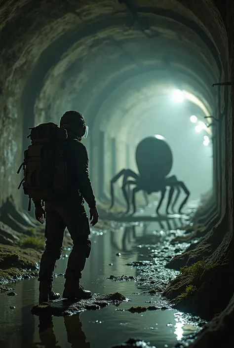 Generate a hyper realistic image , 4k,  of an urban explorer ,  is exploring in a sewer that has some water and finds a kind of worm, disgusting,  with 6 ren and spider-style legs .