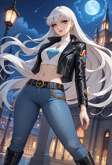 masterpiece, best quality, illustration, 1 girl, icywinx, alone, very long hair, open black leather jacket, jeans, belt, earrings, belly button, leather boots, high definition, fantasy worlds, composition, white hair, night, blue eyes, anime style, villain...