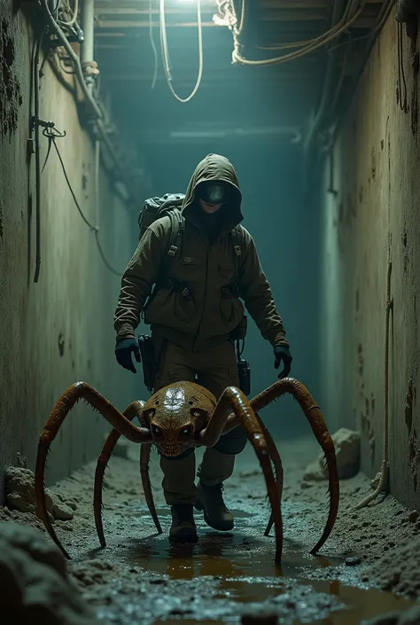 Generate a hyper realistic image , 4k,  of an urban explorer ,  is exploring in a sewer that has some water and finds a kind of worm, disgusting,  with 6 ren and spider-style legs .