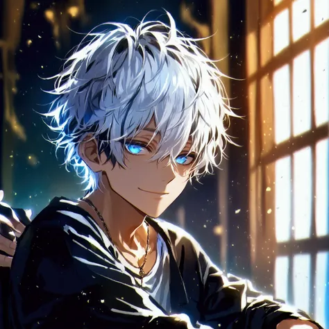 (solo), (1 male), (1 man), (chibi),handsome men, (one man with white hair with dark blue inner hair color, blue eyes), short hair, messy hair,smile,((masterpiece)), (dark background: 1.3), (stylish), dynamic angle, (detailed face, detailed eyes, proportion...