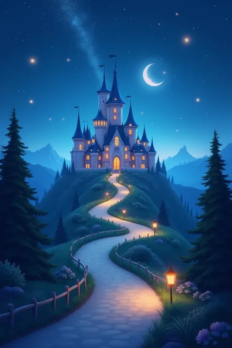 Disney, scenic pictures, there is a winding road leading to the castle。Magic Night, Disney style illustrations, magical lullabies, dreamy atmosphere, starry sky,,bedtime stories, Animated backgrounds, night adventures, Sweet dreams, unique fantasy, night s...