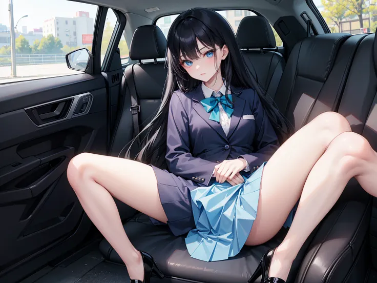 High school students ， already, Black Hair ， With warm blue eyes ， Wore a brand new blue suit and black heels ， Pure white collar and bright green bow 。 has long Black Hair and warm blue eyes ， Lean back in the car seat ， Pose Alluring , spread legs , lowe...