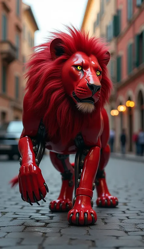 "Create a photorealistic image of a hybrid creature combining the traits of a lion and a red Lamborghini. The creature has the body structure of a lion, but its fur is a glossy, metallic red, resembling the cars paint. Its mane flows like the aerodynamic l...