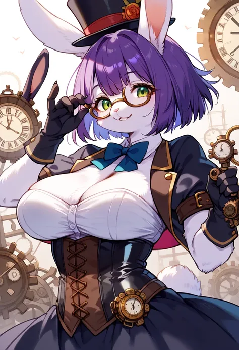 score_9, score_8_up, score_7_up, score_6_up, score_5_up, score_4_up, source_anime, best quality, amazing quality, very aesthetic, absurdres, 1girl, (furry, kemono:1.3), rabbit, rabbit girl, rabbit ears, Steampunk, clock, solo, glasses, hat, breasts, green ...