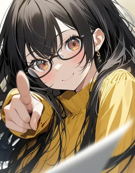 1girl, solo, long hair, looking at viewer, blush, smile, black hair, long sleeves, hair between eyes, brown eyes, black hair, multicolored hair, earrings, single earring, yellow shirt, blurry foreground, long bangs, pointing at viewer,glasses,