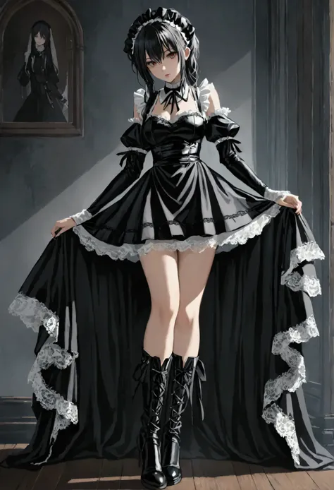 The BDSM girl character wears a gothic  (Gothic Maid) Characterized by this is a black dress adorned with white lace around the hem of the sleeves and skirt. Adding to the sense of luxury and sensuality, the bandage is tied with a sleeve that makes her han...