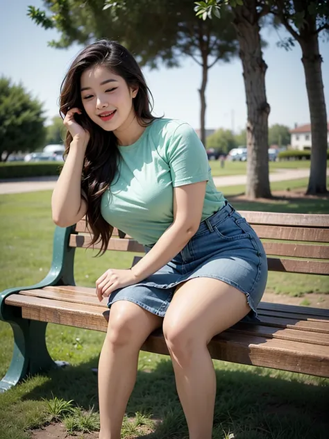 ((((Bbw)))) a woman sitting on the grass talking on a cell phone, breasts, smile, open mouth, skirt, brown hair, closed eyes, outdoors, barefoot, tree, blue skirt, denim, green shirt, bench, photo background, denim skirt