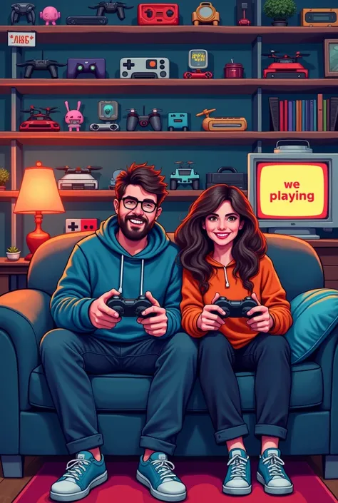  Create a pixel art image depicting a couple playing video games .  The man has glasses and a beard ,  while the woman is a brunette ,  with wavy hair .  Both are seated next to ,  holding video game controls ,  with lively and focused expressions . In the...