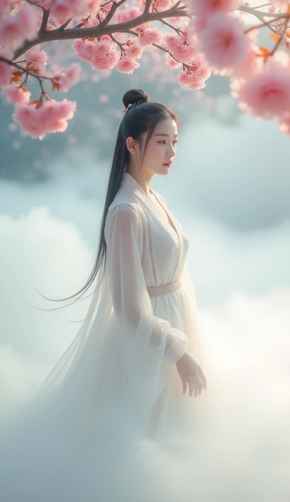  Chinese Portrait Photography ,Ancient Beauty,Peerless Beauty, The lower half of the scene is shrouded in white fog , bright environment , Being in the Clouds , Canon Camera Portrait Shooting ,135mm,Aperture 1.4, Ultra Realistic Real Life Post-Effects Film...