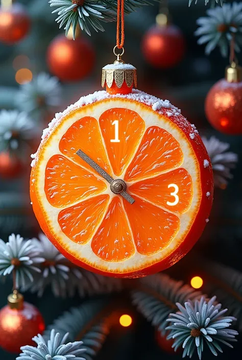 Mandarin Christmas tree ball:: neon glow, ((glitter, snowflakes)).mandarin slice, mandarin peel. Dial::: a number on each slice. Precise drawing (texture) of tangerine peel. In (halo:: glow) neon (ornament: 1,3). Complex ornament, neon numerals. On the bac...