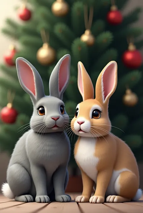  2 rabbits  ( of a wild color with white belly and tail, One completely gray ,  both shorthair and the same size ) in front of a Christmas tree,  realistic style  / Photo