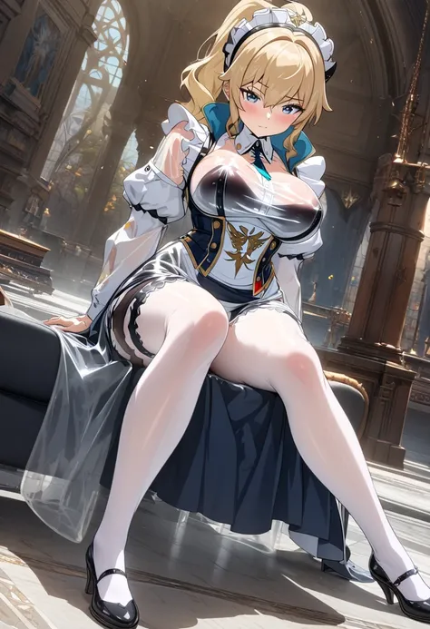 8k, masterpiece, best quality, ultra detailed, Ultra-high resolution, Highly detailed CG, break, 1girl, jean(genshin impact), kawaii, nsfw, big breasts, slender, (translucent maid clothes:1.2), full body, indoors, sitting on sofa
