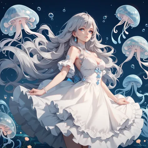  1 girl,top quality, long fluffy hair, Gray Hair, Light blue eyes, center part ,  white dress , Night sea,smiles, character design,  Jellyfish,long hair,  imaginary