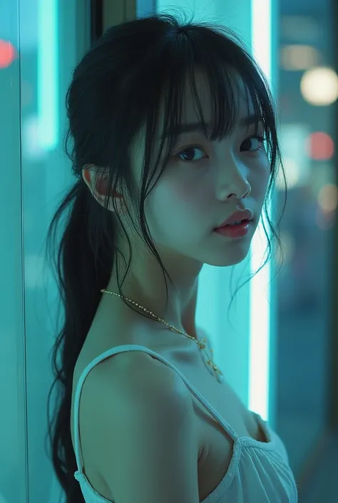  Transparent Glass Body、 Beautiful Japanese Girl Face 、cute japanese idol、 Not like Korean 、 No Korean features 、film art style、 movie lights 、Lomography、battlefield、 Wolf hair cut 、athlete、((wind chimes) ) 、 Full portrait gloss 、 Glass interior 、delicate ...