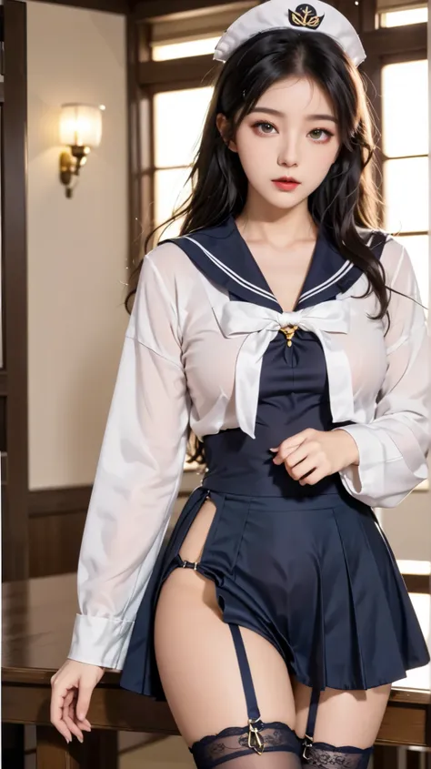 classroom, ((( sailor suit)))、 girl, The Eyes That Seduce Viewers, Shine, Shine, masterpiece, The sweet taste of temptation, nice, masterpiece, best quality, Shadow, S-Core_9, S-Core_8_up, S-Core_7_up、(gigantic breast:1.1)、 black hair、 standing 、(Big Ey...