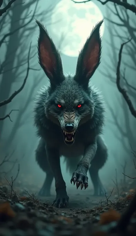 "A hyper-realistic depiction of a terrifying fusion between a wolf and a rabbit. The creature has the muscular body of a wolf, covered in coarse, shadowy fur, combined with disproportionately large rabbit ears twisted into unnatural shapes. Its face merges...