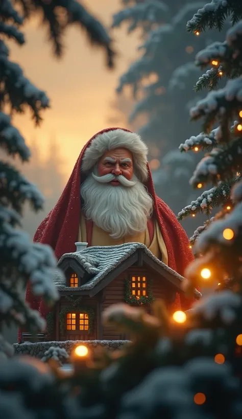 Replace the image of Jesus Christ with the image of Santa Claus .  Place a small cabin in the background, a snowy environment recalling the characteristics of a Christmas environment.