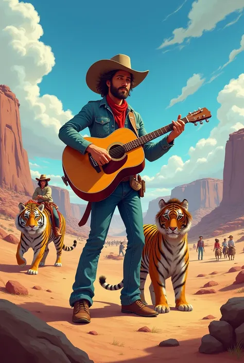 Western desert with guitar cowboy music player and girl and horse and tiger lots of actors birth
