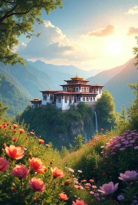 beautiful summer weather in Bhutan with dzong and summer flowers and bright sun without people. 

With the text “ I like summer, but it is too proud.”
