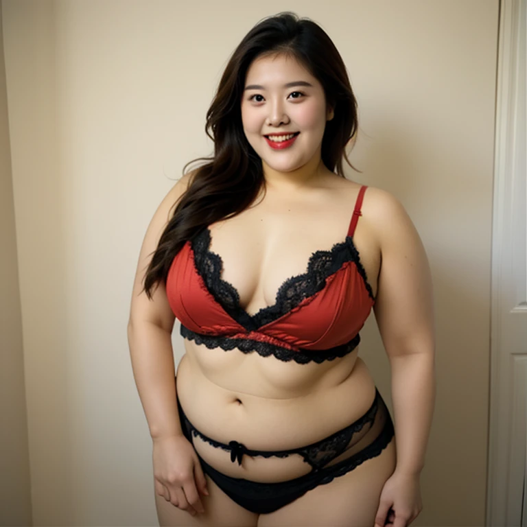 ((((Bbw)))) a woman in a bra top and panties, long hair, breasts, smile, large breasts, brown hair, cleavage, brown eyes, underwear, teeth, grin, lips, ring, lingerie, lace trim, lace, lace-trimmed bra, red bra, lace bra