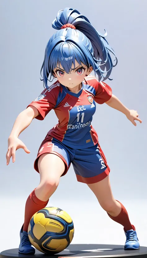 (masterpiece:1.2), ( top quality:1.2),  super high resolution,  very detailed, Alone, Soccer Girl, Blue Hair, serious,  kicks a soccer ball,  uniform, cute, high ponytail,  white background , 3d style, 3D Figures, whole body, 4 heads,  3d rendering,  oc re...