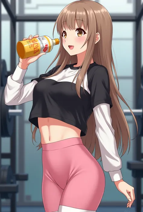  real illustration ,whole body,Receiving protein drinks from men, enjoy training ,21 year old Japanese woman ,cute,Idol,Idol,  Portraits,Model, LONG STRAIGHT HAIR ,bangs,glossy brown beige hair , small breasts,Gloss, super high-waisted baby pink long leggi...