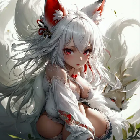 (White-haired girl ears full body, Esbians full body, Lively pose), Masterpiece, Exquisite details, Very beautiful color, Exquisite details, Delicate lips, Intricate details, Realism, High level of image realism, Girl and white-haired fox：1.1, White-haired...