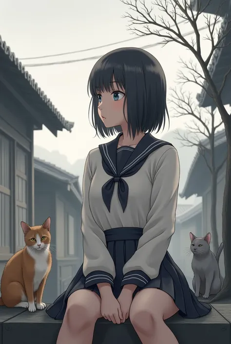 A woman looking ahead and sitting wearing a Japanese uniform with her hair shoulder-length ,  is not visible with a view of a village in Japan and on the left are 2 cats and on the right is a tree