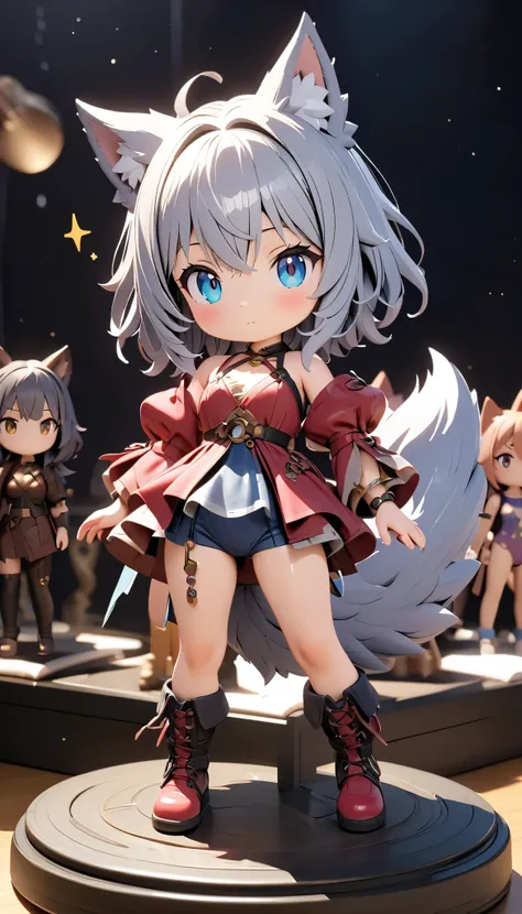 (masterpiece:1.2), ( top quality:1.2),  super high resolution,  very detailed, Wolf Girl, Gray Hair,  swimsuit, Hold your breath,  supernatural fantasy, flaffy tail, cute,   white background , 3d style, 3D Figures, whole body,  Blind Box Toys，Fine Sparkle ...