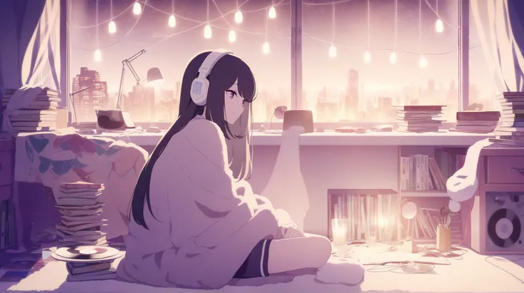 An anime-style illustration of a young woman sitting in her cool bedroom at night, wearing large, over-ear headphones and lost in her music. She has long, straight black hair and wears a soft, oversized sweater with knee-high socks, giving her a relaxed an...