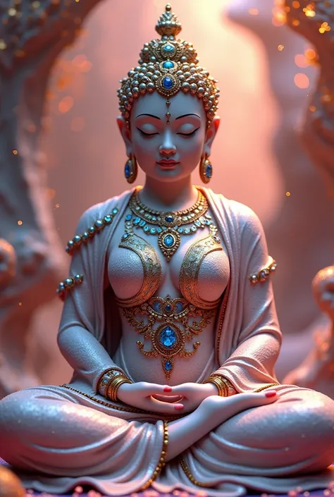 3d buddha ,Small breasts, small breasts,Sitting position,Bright colors, full body image,front view, Full Body Jewelry,Full Body Jewel ,The background is a fantasy genre.,Realistic images,Glittery Shiny Image