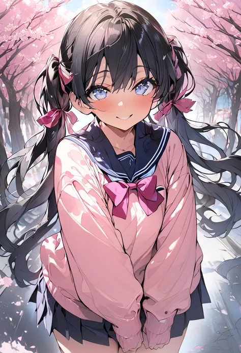 Short girls, big boobs, black hair, twintail, pink ribbon, school uniform, long socks, smile, blush, surrounded by sakura trees, windy, (masterpiece), (high resolution), (good anatomy), (full body portrait), blue eyes, shining pupil, facing front, look beh...