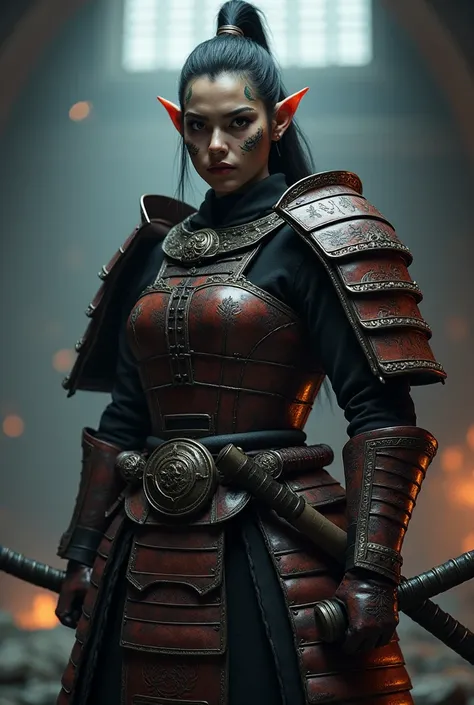 Female half-orc wearing samurai armor 