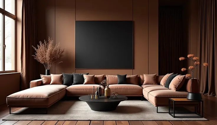  Create a picture of a stylish living room in " black and brown " Color with  " brown curtains "  Make a room-sized picture 