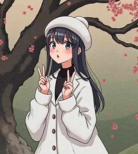 Calaf girl in white coat and hat standing in front of a tree, Sengai&#39;s paintings,  Instagram ,  what is it ？, Chiho, 🍁 cute, shikamimi, Teshirogi Shiori ,  White Hime Cut Hairstyle ,  s headshot profile picture of an Asian woman making a peace sign wit...