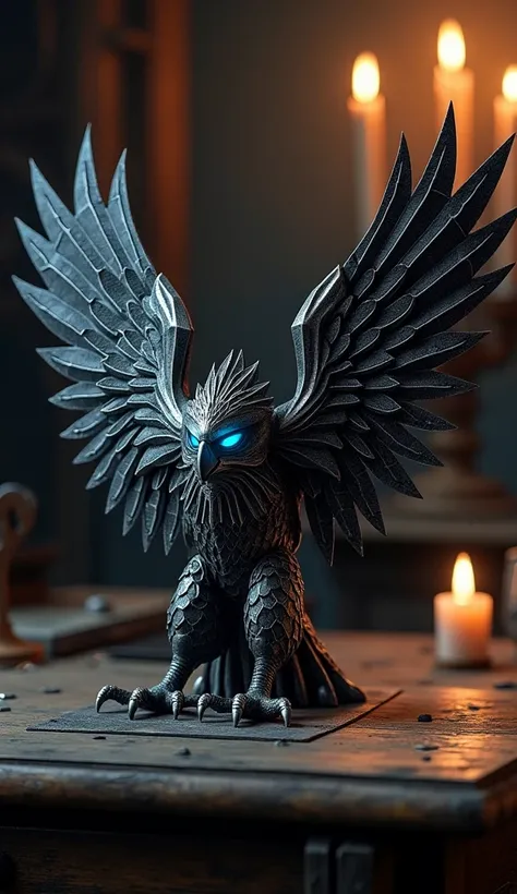 Ultra-realistic and highly detailed depiction of the "hawk" form of the Rinfone puzzle. Its metallic black and silver texture features intricate geometric patterns on the sharply spread wings. The hawks eyes emit an eerie blue glow, exuding a sense of maje...