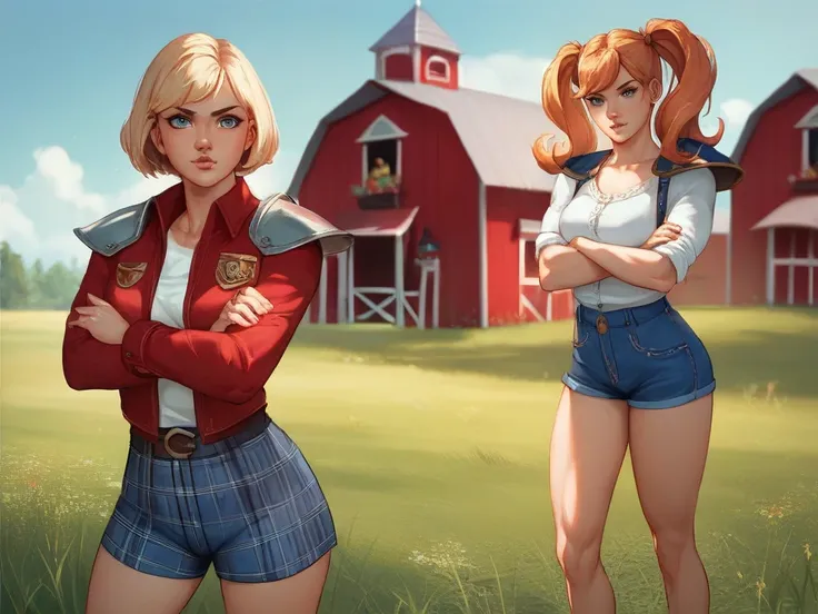 score_9, score_8_up, source_7_up, source_anime, BREAK 1girl ФКЭстель,  double tails , red jacket,  blue shoulder pad,  the white shirt ,  plaid skirt,  short shorts ,  crossed arms ,  puffy lips , grass, field, farm