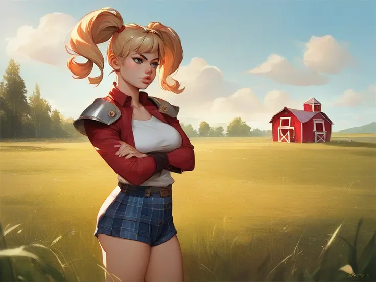 score_9, score_8_up, source_7_up, source_anime, BREAK 1girl ФКЭстель,  double tails , red jacket,  blue shoulder pad,  the white shirt ,  plaid skirt,  short shorts ,  crossed arms ,  puffy lips , grass, field, farm