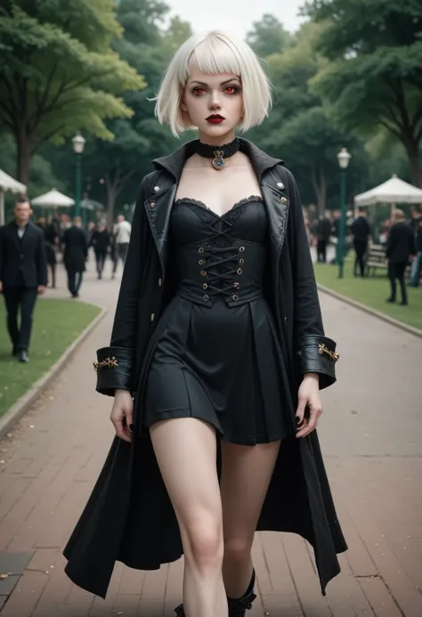  A young goth girl assassin , handsome, albino,  short hair , with a park, pirate, human meta ,  covers robot mouths ,  black dress,  long jacket with dark cloak, Red eye,  walking in a front angle  