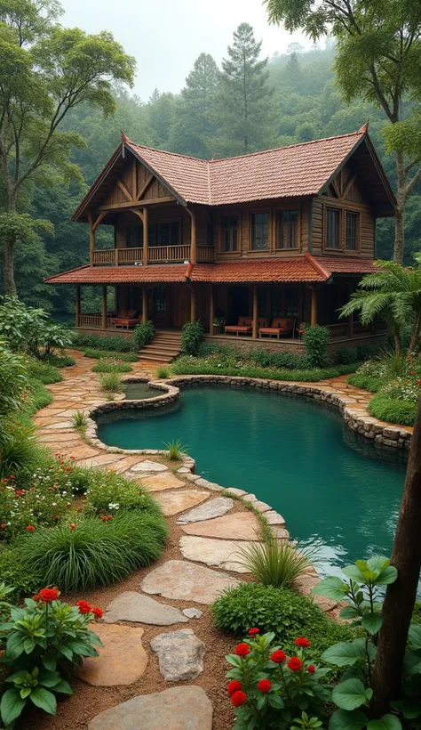 create an architectural project for a rustic-style farmhouse with Atlantic Forest landscaping and an artificial lake on a 20x50 meter plot that is cozy and has many gardens