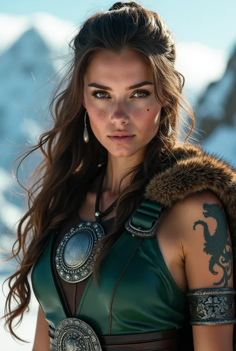 Close-up portrait of a warrior woman with striking facial features. She has long wavy brown hair that flows behind her back. Her hair is styled in loose waves, with some strands framing her face and falling to her shoulders. Her piercing brown eyes stare i...