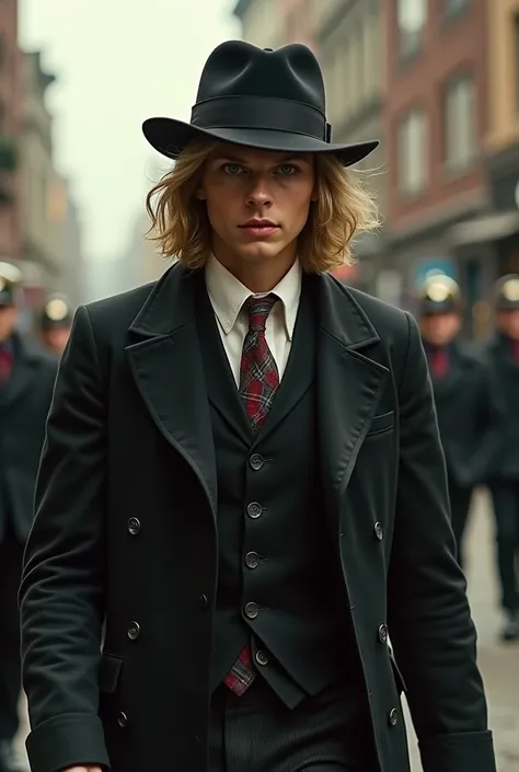 Ultra realistic image of singer taylor swift with all his characteristics, wearing a costume related to the Peaky Blinders gang, a gang of English origin, the costumes must be realistic and faithful to the one used by the gang members, Messi is walking thr...