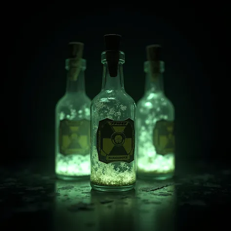 Bottles containing radioactive substances, on a dark background