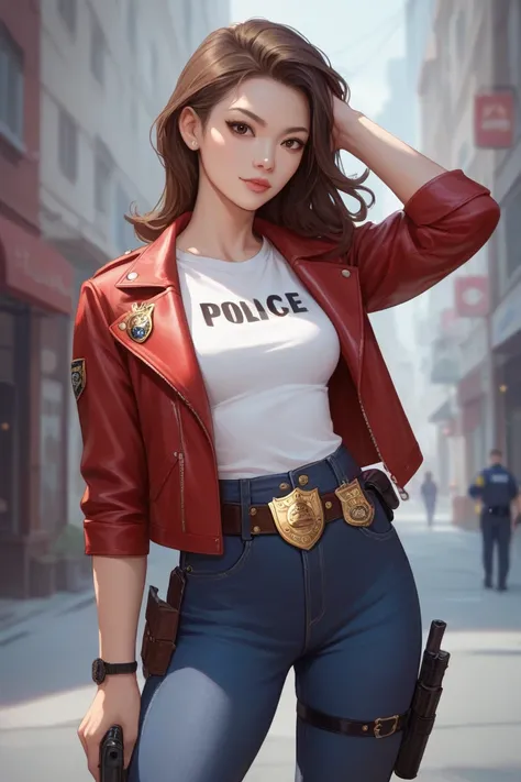 a detective, Asian, long straight brown hair, brown eyes, white t-shirt, red leather jacket with police badge on the sleeve, black jeans, belt with a gun holster